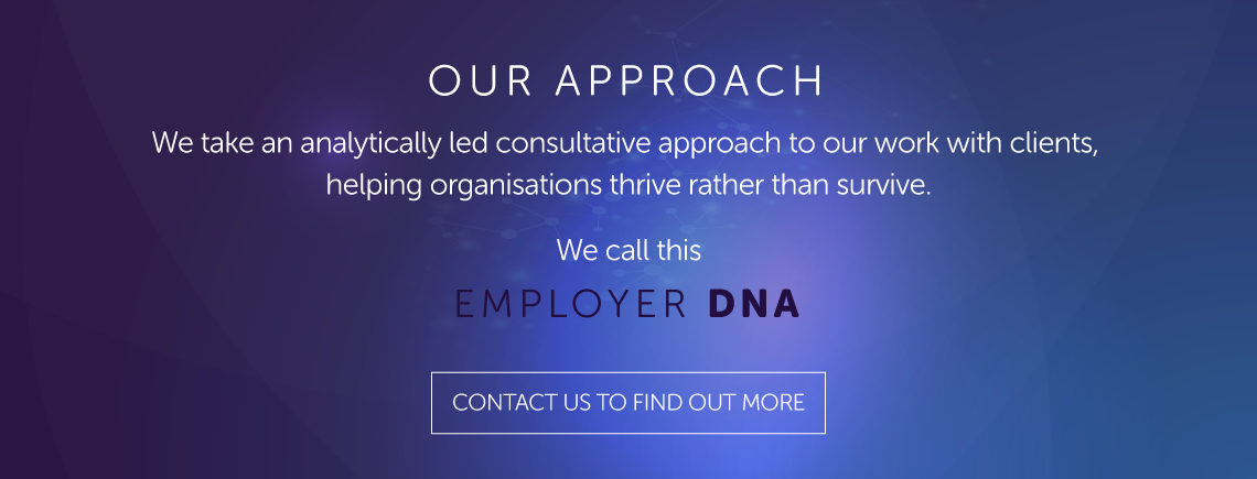 A professional graphic background features text highlighting an analytical approach to consulting. The message emphasizes helping organizations thrive, noting "EMPLOYER DNA" and inviting contact for more information.