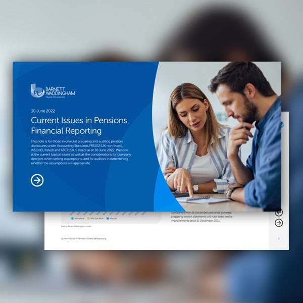 A woman in a striped shirt and a man are engaged in discussion, reviewing a document related to pension financial reporting amid a professional office setting. Text on the screen mentions current issues in the field.