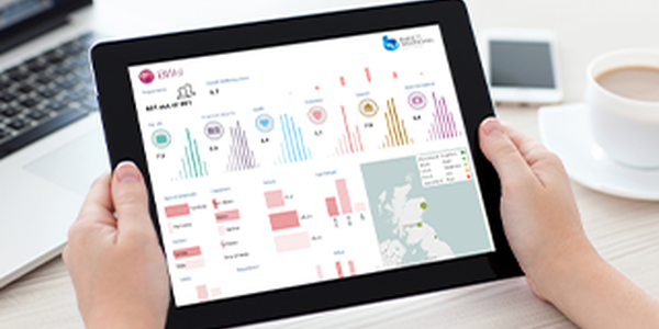 A person holds a tablet displaying colorful charts and graphs related to data analysis. It’s placed on a wooden table next to a laptop and a coffee cup.