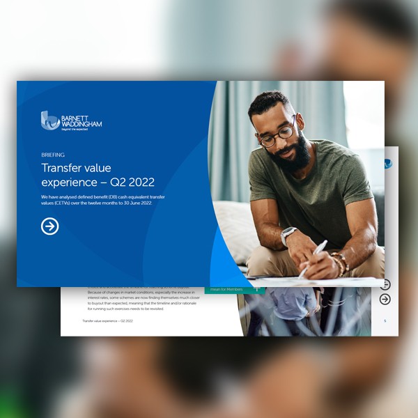 A presentation slide displays a title, "Transfer value experience – Q2 2022." A man with a beard, wearing a grey shirt, is writing at a table, surrounded by a bright indoor environment.