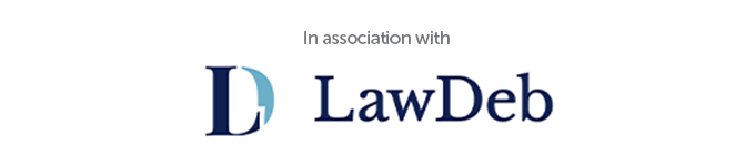 A logo features the letter "D" and a stylized "L" in blue and grey, labeled "In association with LawDeb." The design suggests a professional legal context.