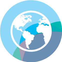A circular globe icon displays the Americas in white against a blue background, with abstract curved shapes in varying shades of blue and teal suggesting a global or environmental theme.