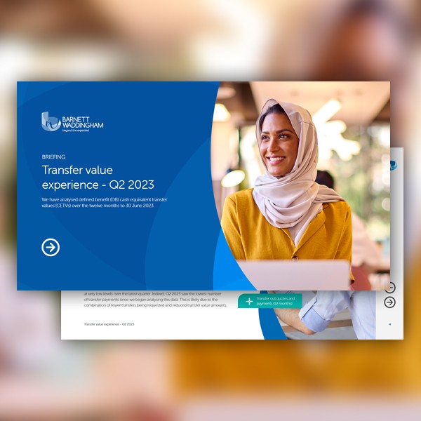 A woman with a light-colored hijab and yellow top smiles while sitting at a desk with a laptop, engaged in a presentation about transfer value experience, surrounded by a professional setting. 

Text: 

"BRIEFING  
Transfer value experience - Q2 2023  
We