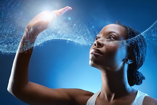 A woman reaches upward with one hand, as sparkling light trails swirl around her. She appears contemplative against a soft blue background, evoking a sense of wonder and possibility.