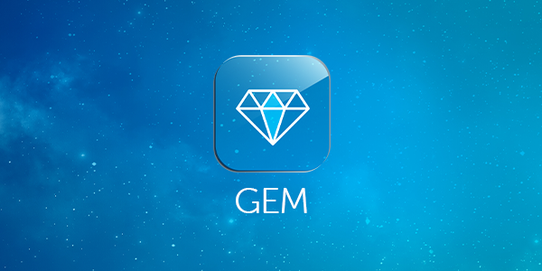 A glossy blue icon features a white diamond shape at its center, with the word "GEM" displayed below. The background resembles a starry sky, adding a sense of depth and elegance.