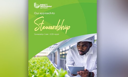 A report cover featuring a man in a white shirt and cap, holding a tablet while observing green plants in a greenhouse. Text reads: "Our approach to Stewardship, Stewardship Code: 2020 report."