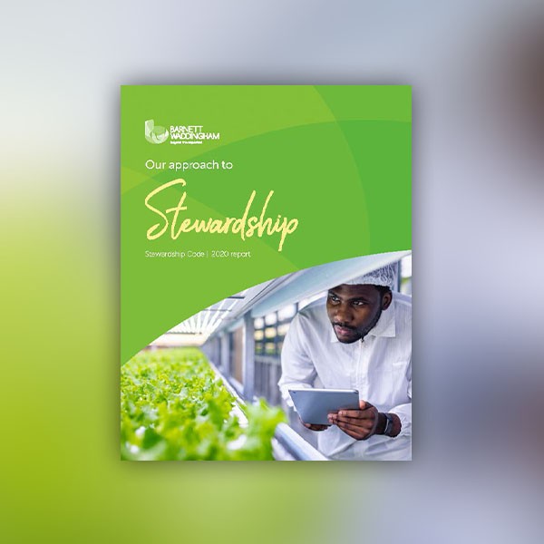 A report cover featuring a man in a white shirt and cap, holding a tablet while observing green plants in a greenhouse. Text reads: "Our approach to Stewardship, Stewardship Code: 2020 report."