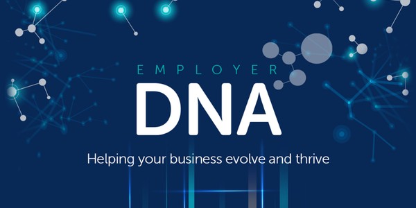 A blue background features interconnected lines and circles, suggesting a network. The text reads: "EMPLOYER DNA" above "Helping your business evolve and thrive."