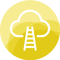 A yellow circular icon featuring a white cloud with a ladder leading up into it, suggesting themes of aspiration, growth, or reaching for goals in a whimsical or metaphorical context.