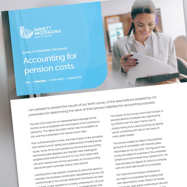 A woman smiles while reviewing a document titled "Accounting for pension costs." The page contains introductory text about a survey on UK universities' pension liabilities, set in an office environment.