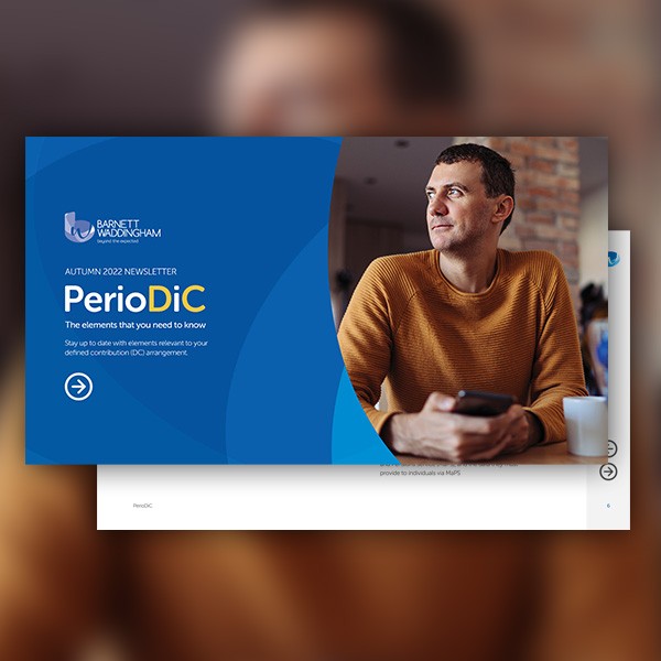 A man sits at a table, holding a smartphone, looking thoughtfully to the side. The background features a brick wall, and the layout includes a blue and white newsletter titled "PerioDiC" about updates on a defined contribution arrangement.