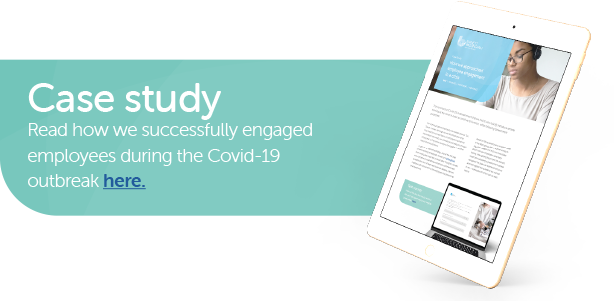 An iPad displays a case study document. The action involves reading the content. The context suggests a professional or educational setting, focusing on employee engagement during the Covid-19 outbreak.