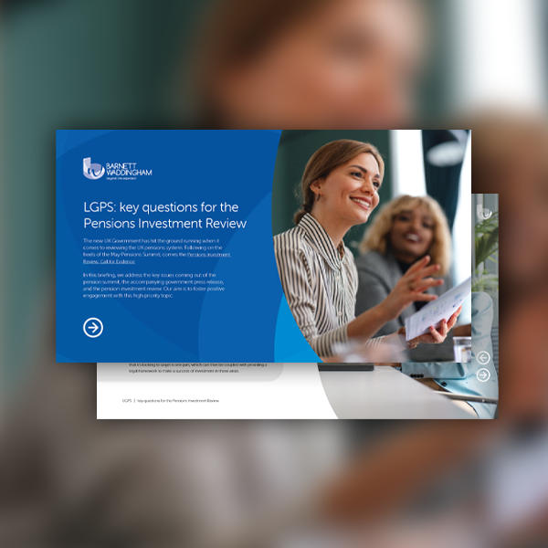 A presentation slide featuring two women in a discussion. One woman smiles and gestures while holding a tablet. The context suggests a professional setting focused on pension investment topics. 

Text: "LGPS: key questions for the Pensions Investment Revi