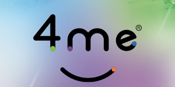A logo featuring the text "4me" in a playful font, accompanied by a smiling face underneath. The background is a gradient of soft blue, green, and purple hues with abstract cloud-like shapes.