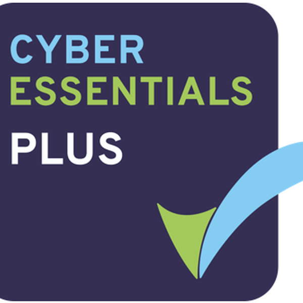 A logo features the text "CYBER ESSENTIALS PLUS" in blue and green on a dark purple background, accompanied by a green check mark icon, symbolizing certification in cybersecurity standards.