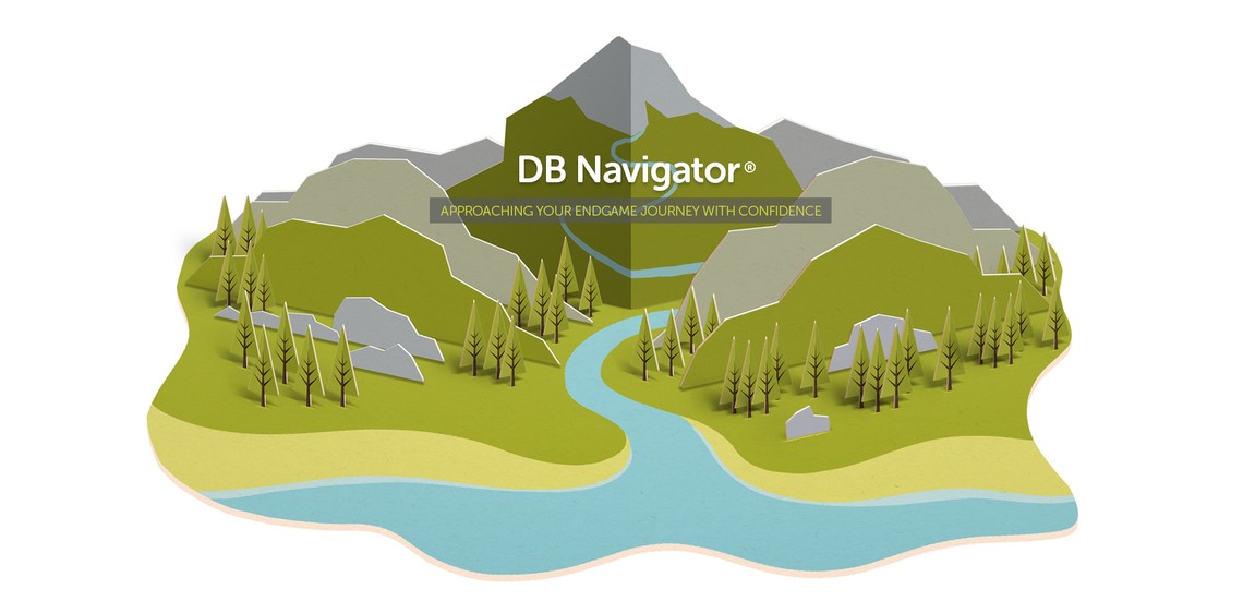 A stylized landscape features green hills, a winding river, and scattered trees. The text "DB Navigator®" and "APPROACHING YOUR ENDGAME JOURNEY WITH CONFIDENCE" overlay the scene, suggesting navigation and exploration.