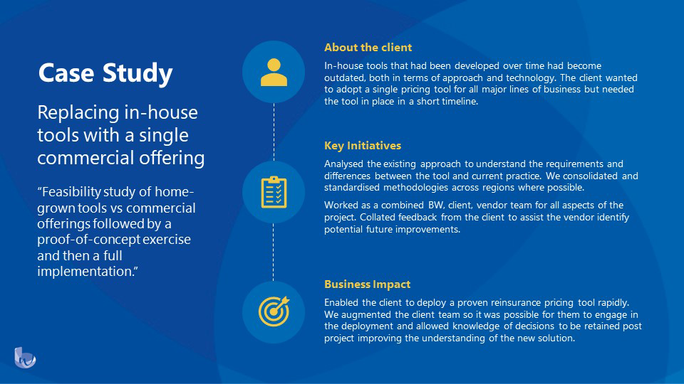 A case study highlights the transition from outdated in-house tools to a unified commercial pricing tool. It details key initiatives, client collaboration, and the resulting business impact.