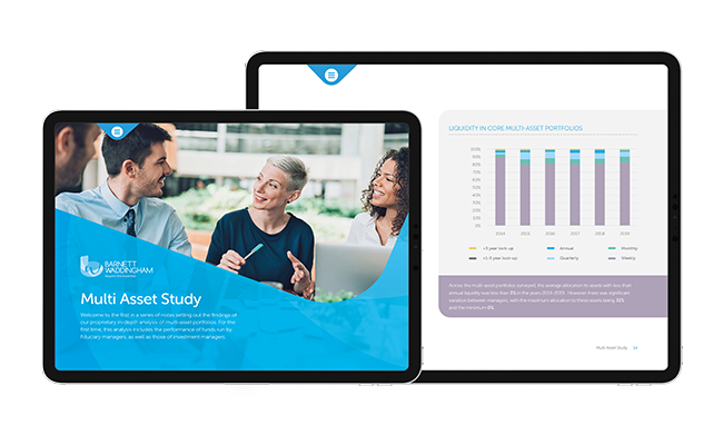 A digital presentation displays a "Multi Asset Study" on tablet screens. People are engaged in discussion, while one screen features a bar chart and data on liquidity in portfolios, surrounded by a bright indoor setting.
