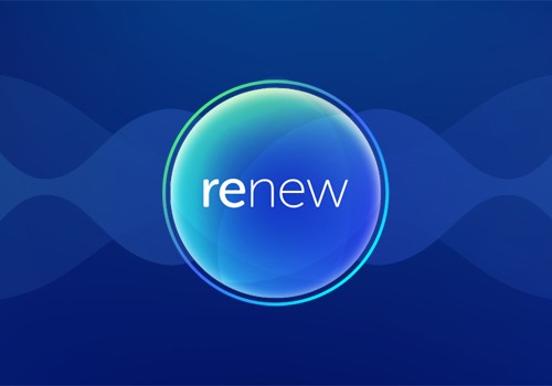 A circular, gradient-blue graphic with the word "renew" prominently displayed in white text. The background features subtle wave patterns, creating a serene, modern digital aesthetic.