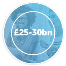 Two women are smiling and engaging in conversation while holding papers or documents. A circular graphic overlays the image, displaying the text “£25-30bn” in large, white font.