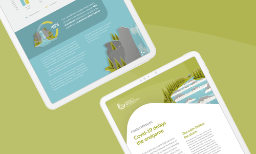 Two digital tablets display colorful infographics and articles about environmental topics. The background features a soft green gradient, enhancing the modern, clean aesthetic of the design.