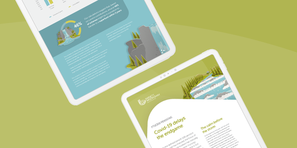 Two digital tablets display colorful infographics and articles about environmental topics. The background features a soft green gradient, enhancing the modern, clean aesthetic of the design.