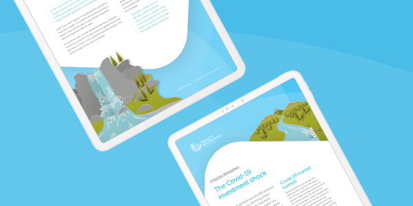 Two tablets displaying illustrated documents are positioned against a bright blue background. One document features a waterfall scene, while the other highlights environmental and investment topics.