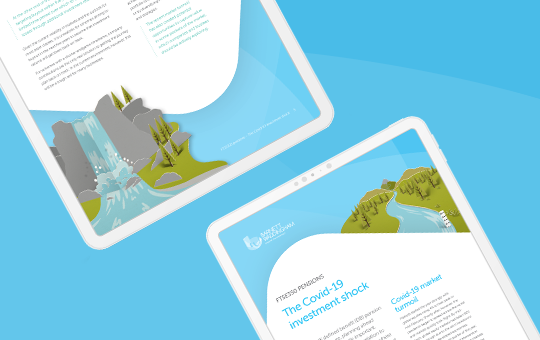 Two tablets displaying illustrated documents are positioned against a bright blue background. One document features a waterfall scene, while the other highlights environmental and investment topics.