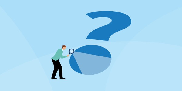 A person examines a large blue pie chart with a magnifying glass, set against a light blue background featuring abstract light shapes, highlighting a theme of inquiry or data analysis.