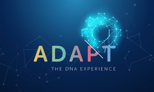 Colorful text spelling "ADAPT" is displayed prominently with a glowing gear icon; below it, the phrase "THE DNA EXPERIENCE" appears. The background is a deep blue with abstract connections and nodes.