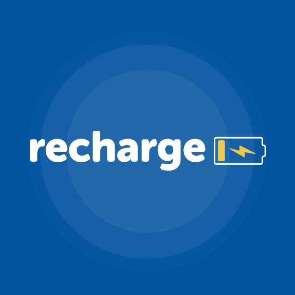 The word "recharge" is prominently displayed in white against a blue background. Next to it, an illustration of a battery icon shows a lightning symbol, indicating charging.