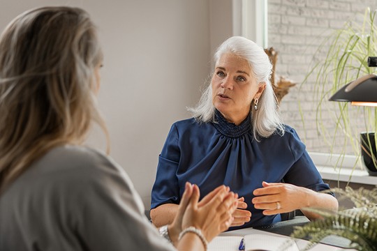 A woman in a blue blouse gestures while speaking to another person during a conversation at a desk. The setting features plants and soft lighting, suggesting a professional yet comfortable environment.