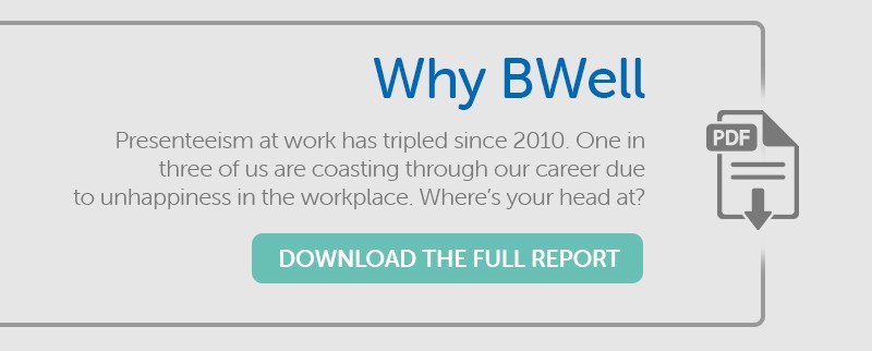 A report titled "Why BWell" discusses the rise of presenteeism at work, noting that it has tripled since 2010. It prompts readers to reflect on their own job satisfaction. The phrase "DOWNLOAD THE FULL REPORT" is prominently displayed, encouraging engagem