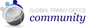 A logo featuring a stylized globe with interconnected lines and dots, representing a network. Below, the words "GLOBAL FAMILY OFFICE" are prominently displayed, followed by the word "community" in a striking blue font.