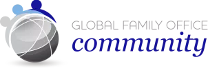 A logo featuring a stylized globe with interconnected lines and dots, representing a network. Below, the words "GLOBAL FAMILY OFFICE" are prominently displayed, followed by the word "community" in a striking blue font.