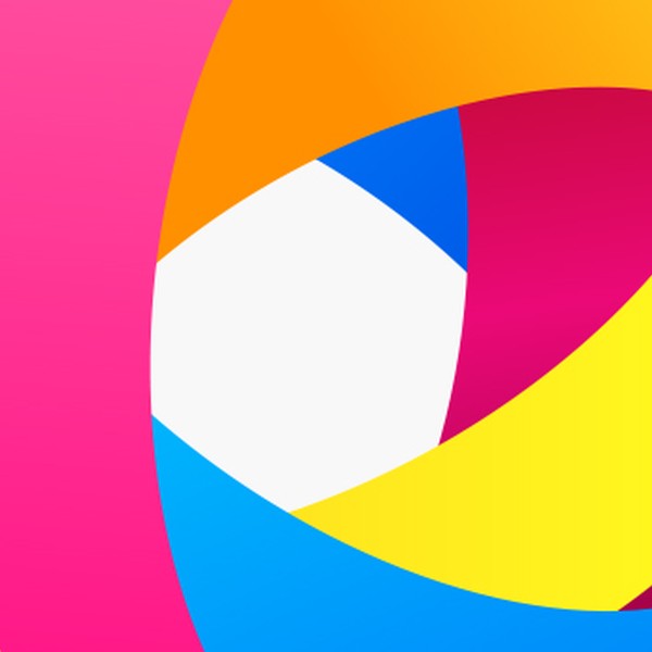 A colorful, abstract spherical shape composed of intertwined bands in shades of pink, blue, yellow, and orange, creating a vibrant, dynamic visual against a white background.