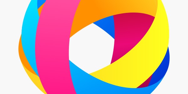 A colorful, abstract spherical shape composed of intertwined bands in shades of pink, blue, yellow, and orange, creating a vibrant, dynamic visual against a white background.