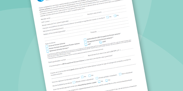A filled-out form contains various fields and checkboxes for personal and occupational pension details, set against a light teal background with a logo at the top.