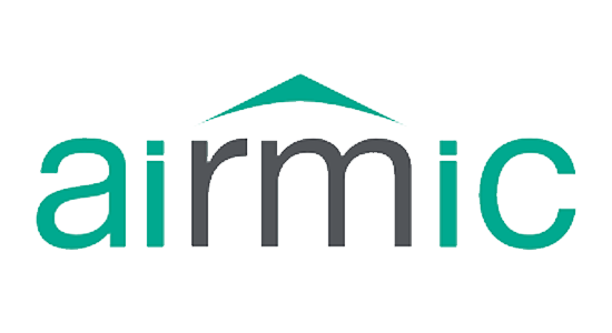 A logo features the word "airmic" in a modern font. The letters are primarily gray and teal, with a teal triangular shape above. The design conveys a professional and contemporary aesthetic.