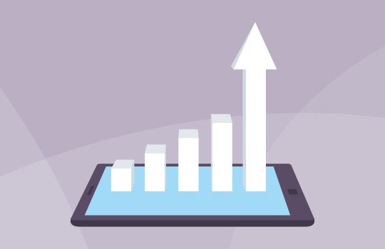 A tablet displays rising bar graphs with an upward arrow, indicating growth. The background features soft, abstract shapes in muted colors, suggesting a modern and digital environment.