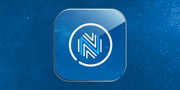A blue, glossy app icon features a stylized letter "N" created with lines and shapes, set against a starry background, suggesting a modern technological context.