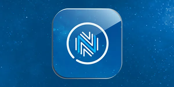 A blue, glossy app icon features a stylized letter "N" created with lines and shapes, set against a starry background, suggesting a modern technological context.