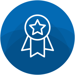A blue circular badge features a white outlined ribbon with a central star. The design suggests recognition or achievement, set against a smooth gradient background.