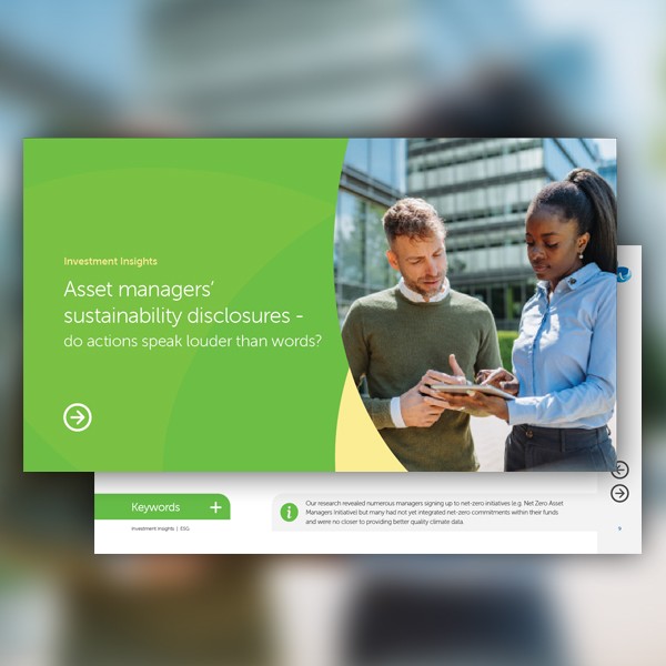 A man and a woman are discussing sustainability disclosures, using a tablet outdoors, with modern buildings in the background. The scene highlights their professional engagement on environmental topics.