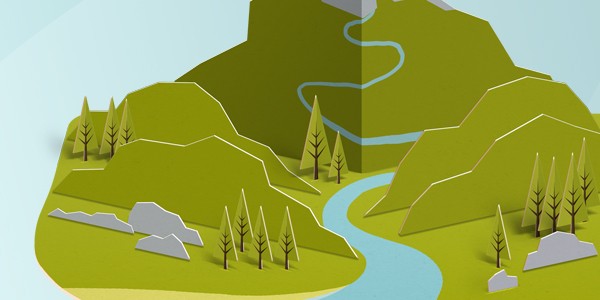 A paper-crafted landscape features a winding river flowing through green hills and mountains, surrounded by stylized trees and rocks, set against a light blue backdrop.