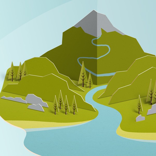 A paper-crafted landscape features a winding river flowing through green hills and mountains, surrounded by stylized trees and rocks, set against a light blue backdrop.