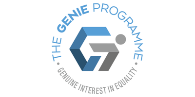 A circular logo features the text "THE GENIE PROGRAMME" and "GENUINE INTEREST IN EQUALITY." The design includes a geometric shape and a stylized figure, conveying a sense of organization and inclusivity.