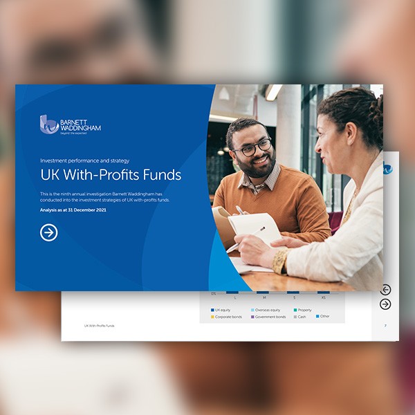 A presentation slide displays a blue background with text about UK With-Profits Funds investment strategies. Two people discuss, one holding a tablet, in a modern office environment. Text includes "Barnett Waddingham" and analysis details.