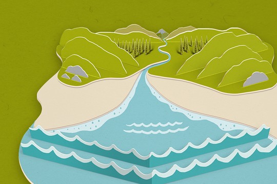 A stylized river flows between two green hills, with waves gently lapping on sandy shores. The background features a smooth gradient of green, enhancing the natural scene.