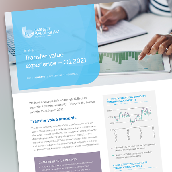 A document titled "Transfer value experience – Q1 2021" displays graphs illustrating cash equivalent transfer values in pensions. A person holds a pen, engaged in reviewing the content amid a desk setting.